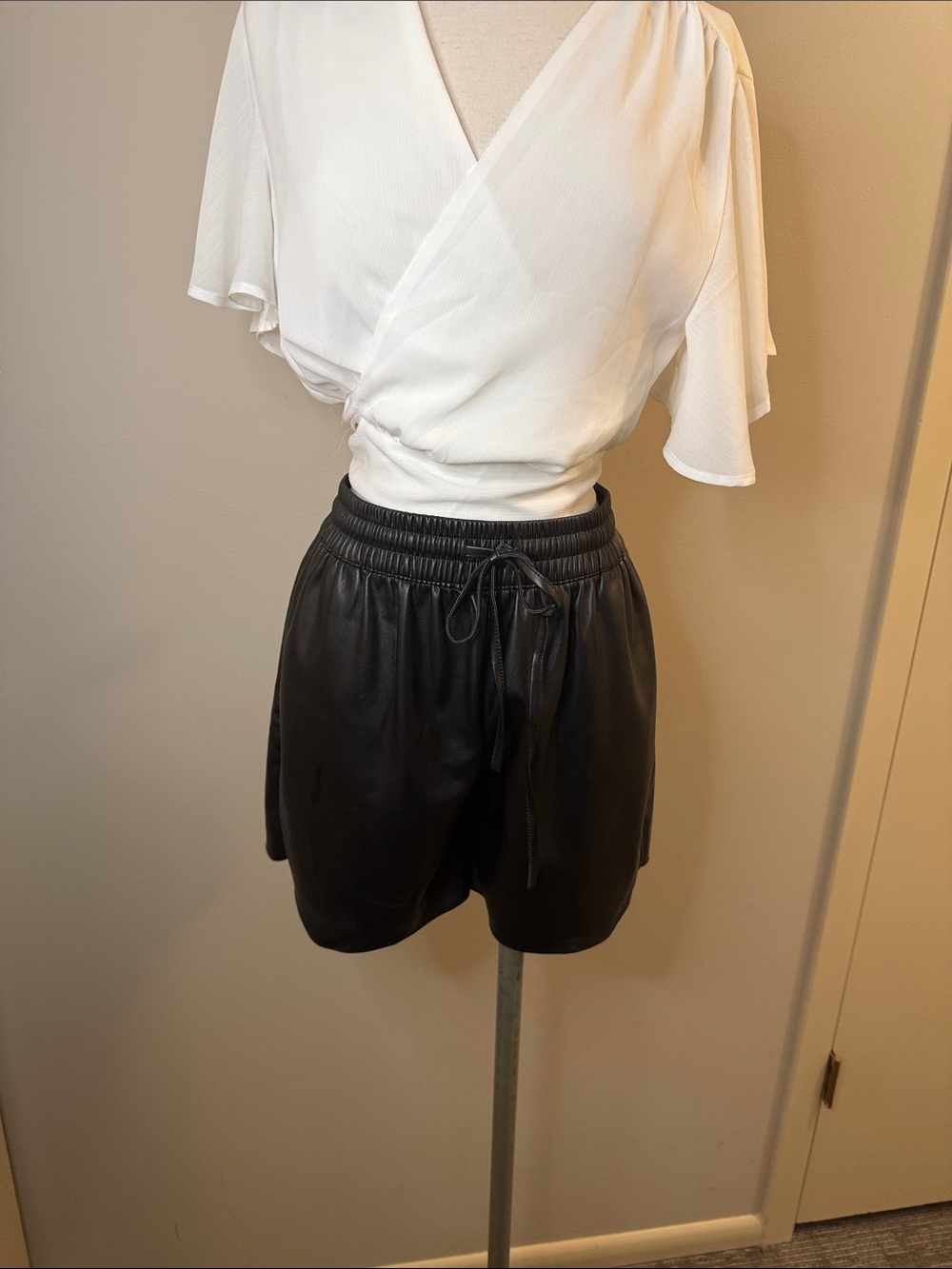 High-Waist Black Faux Leather Drawstring Shorts